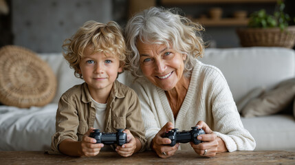 Elderly woman and young boy enjoying video game at home together