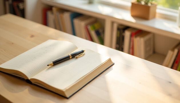 Open notebook with pen on wooden table by window in sunlight  