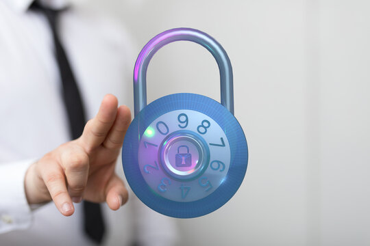 Businessman's hand touching digital padlock, cybersecurity concept. Data protection, secure internet, privacy, access, technology, en