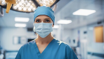 Female surgeon in blue surgical gown and mask in operating room.