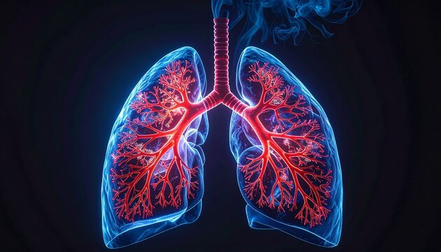 3D medical illustration of human lungs highlighting bronchial tubes and blood vessels in red and blue tones, emphasizing respiratory system structure and airway pathways.