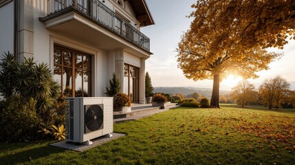Modern home with air source heat pump in autumn landscape at sunset