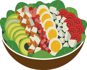 Colorful illustration of a salad with avocado chicken eggs and tomatoes food vector illustration EPS file download.
