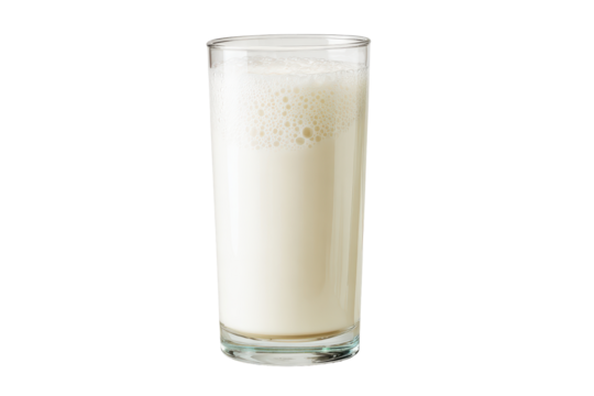 Tall glass of creamy milkshake with foam on top isolated on transparent background. Refreshing cold milkshake with creamy texture and frothy top isolated on white background.