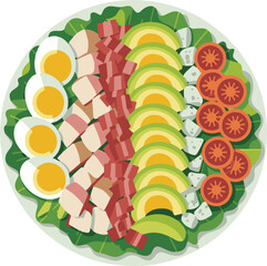 Overhead view of a colorful salad with eggs avocado bacon tomatoes and cheese food vector illustration EPS file download.
