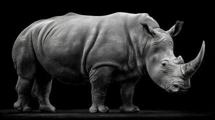Obraz premium A grayscale photograph of a rhinoceros standing against a black background space