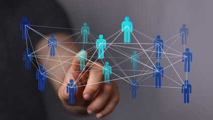 Hand interacting with digital network, representing teamwork, communication, and connections. Perfect for business, technology, and social media