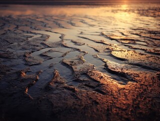 Low Tide Beach Textures during Golden Hour Sun Reflecting on Wet Sand Ripples Abstract Nature Scenery