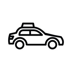 A black outlined graphic of a taxi cab viewed from the side on a white background It has a light on the roof