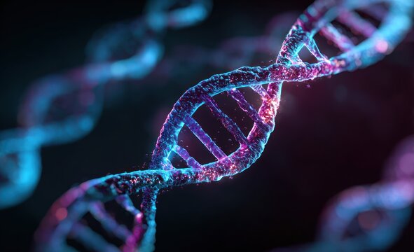 Glowing double helix structure against a dark background with bokeh.