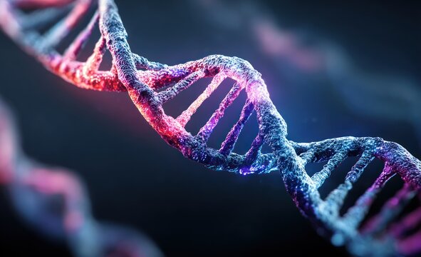 Illuminated double helix structure against a dark background in close up.