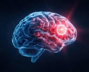 Glowing abstract brain structure with a bright red anomaly.