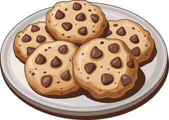 Five chocolate chip cookies on a round plate chips vector illustration EPS file download.
