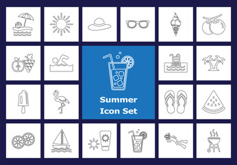 Outline Summer Icons: Beach, Holiday, Recreation, and Leisure Simple Stroke Vectors.