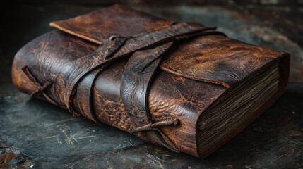 A weathered leather journal with a rustic aesthetic, evoking a sense of history and introspection