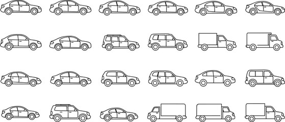 PrintCar and vehicle icon set, sedan SUV van illustrations, delivery truck line art, transportation outline symbols, automotive fleet graphics, minimal transport collection