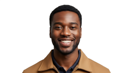 Smiling Black man, 25-30, furniture delivery driver in unbranded jacket, isolated on transparent background. Ideal for career promotions, job recruitment, customer service,