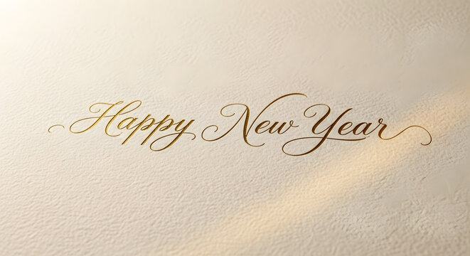 Happy New Year Gold Calligraphy Script Lettering on Cream Textured Paper Background Elegant Holiday Greeting Card Design - Powered by Adobe