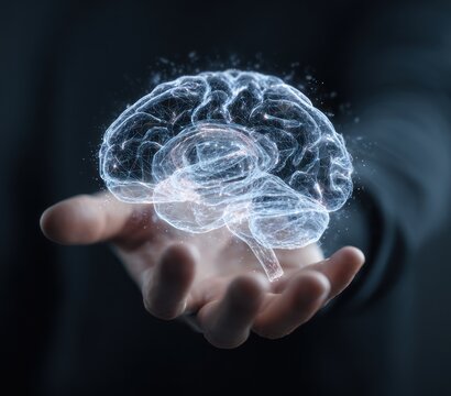 Glowing digital brain hologram held in a human hand against dark background.
