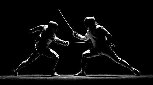 Two Fencers Crossing Blades in Dramatic Low-Key Lighting, Intense Duel Between Opponents in Protective Gear, Concept of Discipline, Precision, and Competitive Sport in Motion