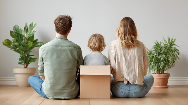 Family Sitting Together in New Home Surrounded by Moving Boxes and Houseplants, Back View of Parents and Child Relaxing on Wooden Floor, Cozy Domestic Interior, Concept of New Beginnings and Homeowner