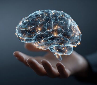 Glowing digital brain hologram floating above a human hand.