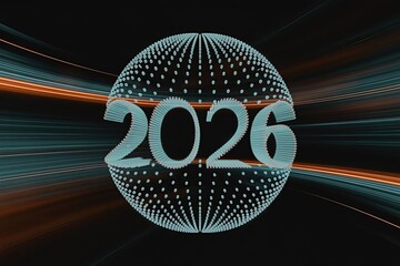Dynamic abstract 2026 rendering with glowing spherical network and high-speed blue-orange light trails on a dark futuristic background.