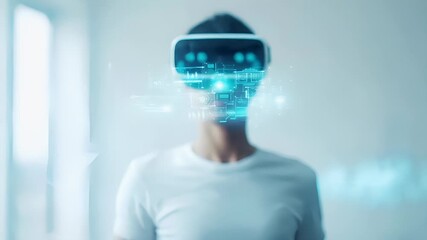 person using virtual reality headset with holographic interface. - Powered by Adobe