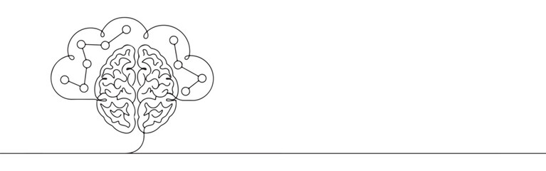 Continuous one line drawing of a brain with a cloud and network connections. Concept of cloud computing and AI