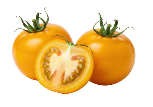 Two vibrant whole yellow tomatoes with green calyxes, one sliced revealing juicy interior, on a transparent studio background, soft light, macro. Concept of fresh healthy produce