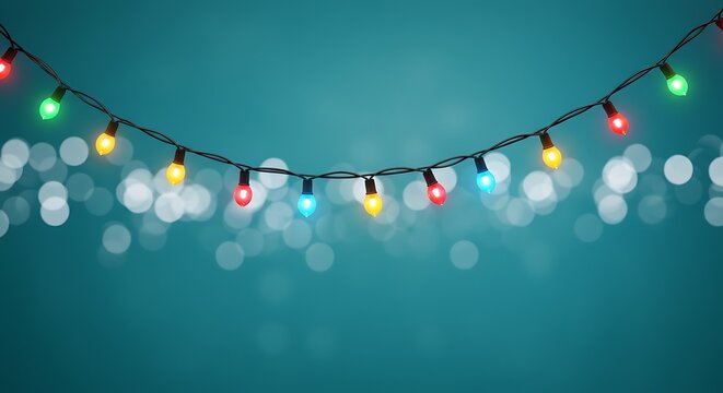 A string of colorful christmas lights hangs against a teal background with bokeh lights, creating a festive atmosphere