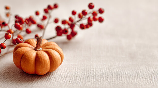 A small orange pumpkin with a stem and red berries on branches in the background, all placed on fabric