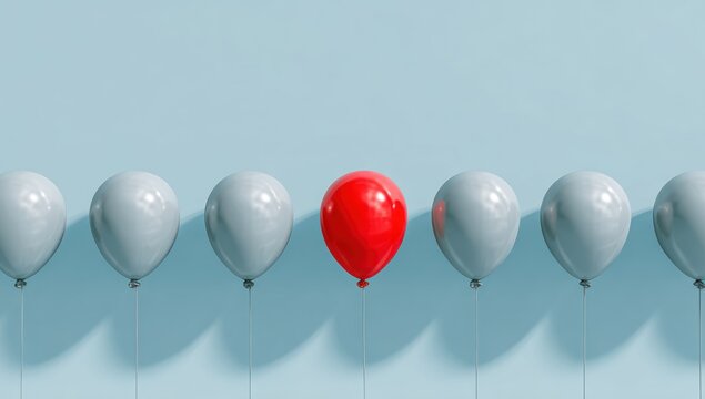 Row of balloons with one bright red balloon standing out.