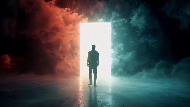 A man stands in silhouette against a backdrop of a fiery, cloudlike atmosphere. The scene is dominated by a gradient of colors, transitioning from deep reds and oranges to cool blues and purples.