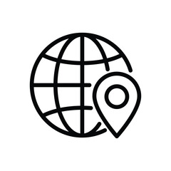 A globe icon beside a map pin The globe has gridlines The pin is a teardrop with a dot