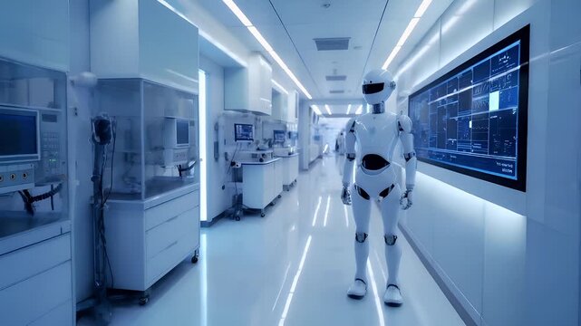 A futuristic hospital corridor with a humanoid robot in the foreground. The corridor is illuminated by bright lights, and the walls are lined with medical equipment.