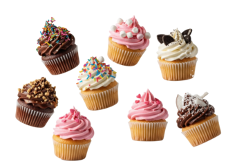 Seven vibrantly frosted cupcakes (chocolate, pink, white) with diverse toppings, dynamically suspended mid-air against transparent, high-speed food photography for a sweet confectionery celebration.