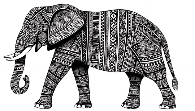 Illustration of African Elephant with intricate black and white patterns