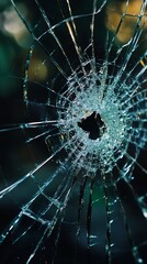Shattered glass with a central impact hole and radiating cracks showcasing destruction and fragility