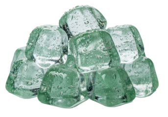 Glistening, irregularly shaped, crystal clear ice cubes with a subtle green tint, air bubbles, and water droplets, against a bright white background with copy space, refreshing cold product concept.