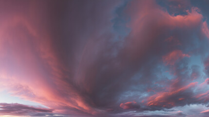 angle. Dramatic sunrise and sunset sky with vibrant clouds, showcasing warm and cool color contrasts in a panoramic view. inspiring travel planning.
