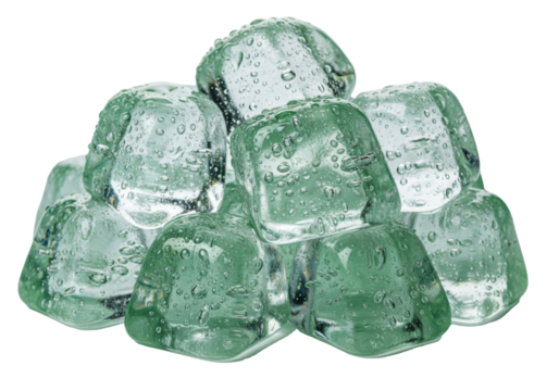 Glistening, irregularly shaped, crystal clear ice cubes with a subtle green tint, air bubbles, and water droplets, against a bright white background with copy space, refreshing cold product concept.