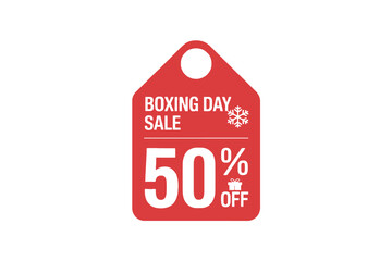 Boxing Day sale tag offers a 50% discount with festive snowflake icon.