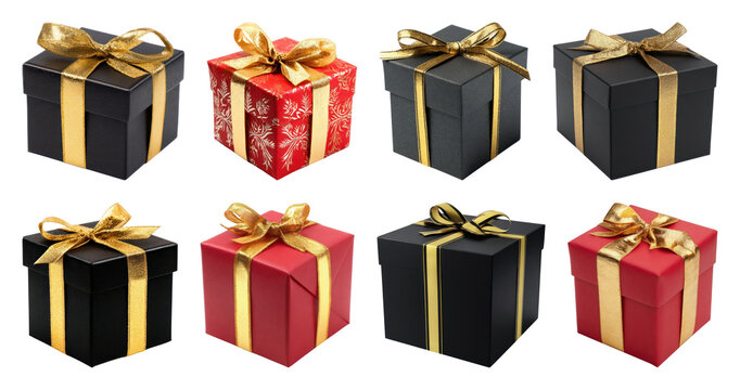 PNG Elegant gift boxes with ribbons, element set on transparent background