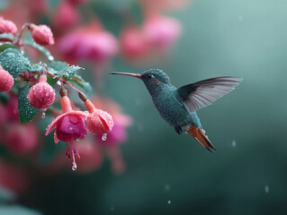 Obraz premium Delicate hummingbird hovers near fuchsia flowers, adorned with glistening raindrops. Evokes natures beauty, grace, and the magic of fleeting moments.