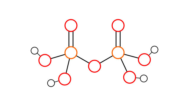 pyrophosphoric acid molecule, structural chemical formula, ball-and-stick model, isolated image inorganic acid