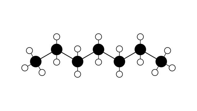heptane molecule, structural chemical formula, ball-and-stick model, isolated image solvent