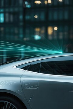 Autonomous silver electric vehicle sensing the urban environment at night with bright cyan light trails showing high-speed LiDAR or advanced V2X communication technology.