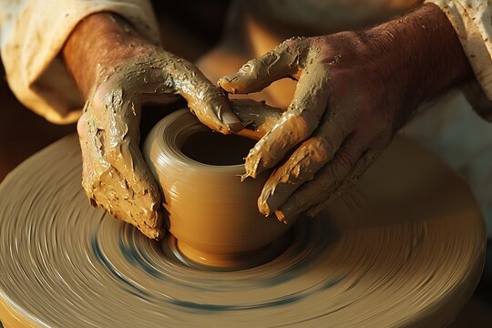 Skilled hands expertly shaping a piece of wet clay on a spinning pottery wheel in a craft workshop