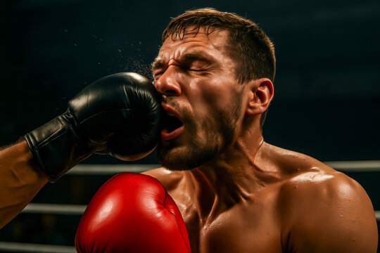 Boxer receiving powerful punch during intense match in ring